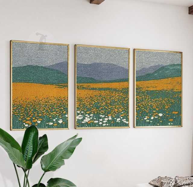 Wildflower Meadow Wall Art Set Of 3 - Orange & White Field Landscape Print Serene Nature Artwork Modern Country Decor - image 1