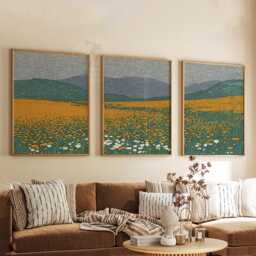 Wildflower Meadow Wall Art Set Of 3 - Orange & White Field Landscape Print Serene Nature Artwork Modern Country Decor - thumbnail 3