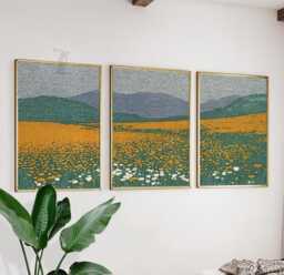 Wildflower Meadow Wall Art Set Of 3 - Orange & White Field Landscape Print Serene Nature Artwork Modern Country Decor - thumbnail 1