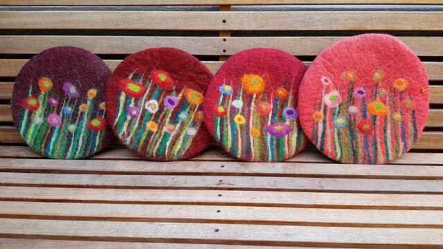 Handfelted Seat Cushion With Flowers & Grass, Summer, Red - image 1