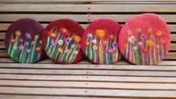 Handfelted Seat Cushion With Flowers & Grass, Summer, Red