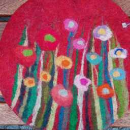 Handfelted Seat Cushion With Flowers & Grass, Summer, Red - thumbnail 3