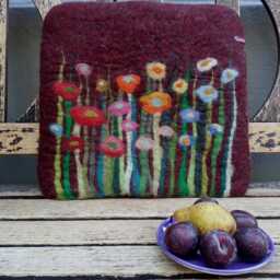 Handfelted Seat Cushion With Flowers & Grass, Summer, Red - thumbnail 4