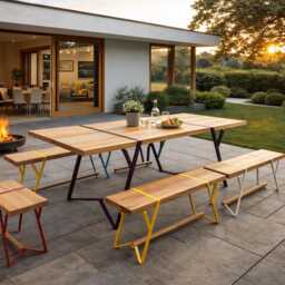 Outdoor Wood Table, Folding Wooden Patio Dining Table Industrial Primitive Furniture ??id Century Modern Garden Decor - Made in Eu - thumbnail 4