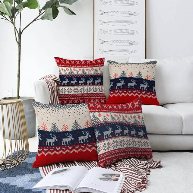 Christmas Reindeers Cushion Covers With Blue & Red Colours, 4 Options, Double Sided Printing On The Chenille Different Sizes, Oeko-Tex?? - image 1