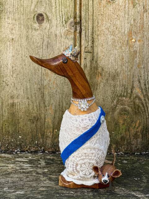 Queen Elizabeth With Corgi. A Little Wooden Ducklet Dressed Like Hrh A Mini Corgi By Her Feet. Token Memorabilia - image 1