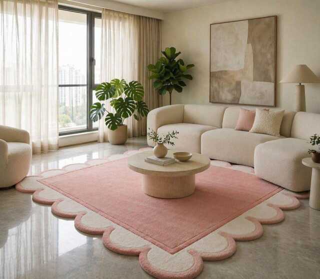 Pink Scalloped Wool Area Rug, Modern Wavy Border Carpet, Nursery Decor - image 1