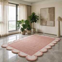 Pink Scalloped Wool Area Rug, Modern Wavy Border Carpet, Nursery Decor - thumbnail 2