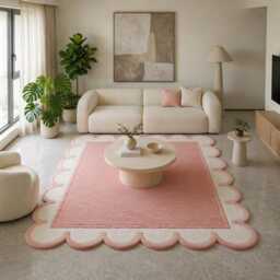 Pink Scalloped Wool Area Rug, Modern Wavy Border Carpet, Nursery Decor - thumbnail 3