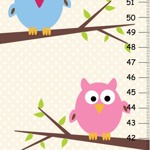 Personalized Blue & Pink Owls Growth Chart With White Polka Dots, Kids Wall Art - image 1