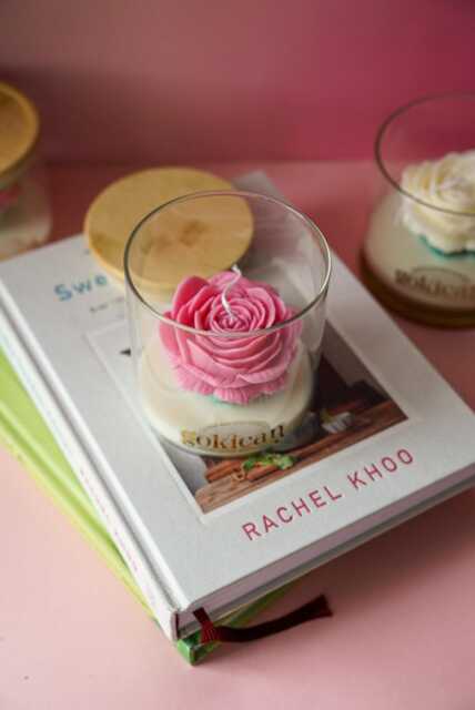 Flower Soy Candle in Glass Cup Rose Bloom, Bamboo Lid - image 1