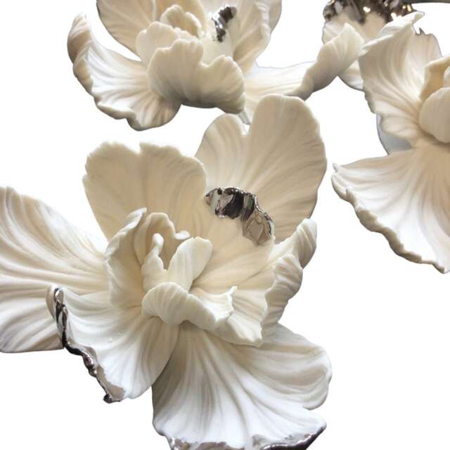 8 White Mini Blooms With Platinum Lustre, Handmade Porcelain Flower Wall D??cor - image 1