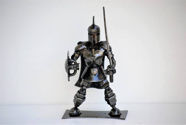 Handmade Metal Spartan Figurine, Recycled Steel Art, Fun Desk Decor, Small Warrior Ornament Gift - image 1