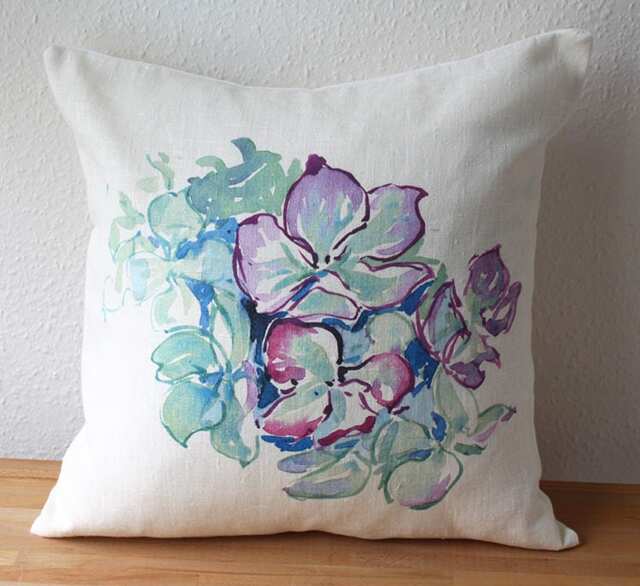 Cushion Cover in Linen, Flowers, Water Color Original, Digital Printed - image 1