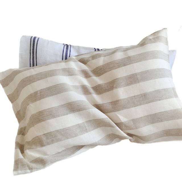 Set Of 2 Pre Washed Linen Pillowcases Blue & White/Oatmeal Stripes - image 1