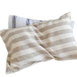 Set Of 2 Pre Washed Linen Pillowcases Blue & White/Oatmeal Stripes