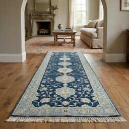 Hand Knotted Wool Runner Rug, Traditional Medallion Navy Blue Home Decor