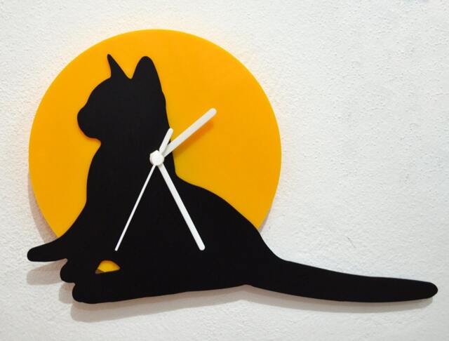 Cat Looking - Black & Yellow Silhouette Wall Clock - image 1
