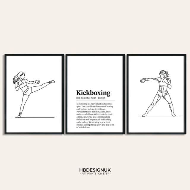 Kickboxing Definition Poster Set - 3 Kickboxer Prints - Women's Boxing Girl Sport Wall Art Home Gym Decor Instructor Teacher Gift - image 1