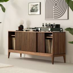 Tonn 150 - Mid Century Modern Walnut Tv Stand Solid Wood Sideboard Cabinet For Large Tvs With Sliding Fronts - thumbnail 2