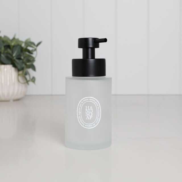250Ml Frosted Glass Hand Soap Dispenser With White Oval Label, Refillable Bottle Black Pump For Bathroom Or Kitchen Sink - image 1