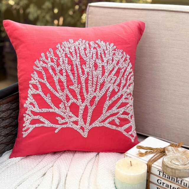 Cotton Linen Beaded Coral Pink, 24x24/26x26, Beach Style Euro Sham - White Forest - image 1