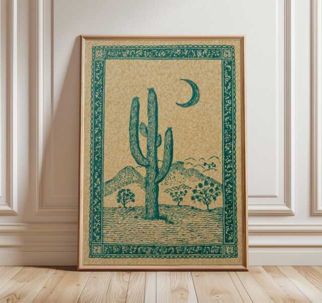 Cactus Moon Poster, Desert Landscape Print, Vintage Western Illustration - image 1