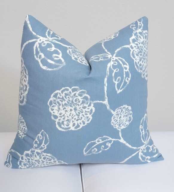 Designer Blue Pillow Cover - Magnolia Home Adele in Sail Blue, Floral, Botanical Print