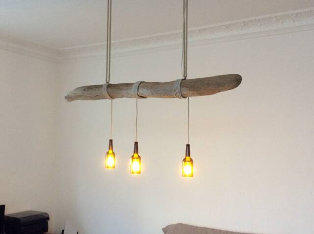 Hanging Lamp Made Of Driftwood & Brown Glass Bottles, Driftwood, Lamp, Alluvial Wood - image 1