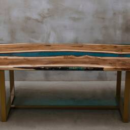 Custom Dining Table Made Of Walnut Wood & Blue Resin, Unique Contemporary Uv Epoxy Table, Resin For A Modern Interior - thumbnail 3