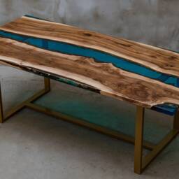 Custom Dining Table Made Of Walnut Wood & Blue Resin, Unique Contemporary Uv Epoxy Table, Resin For A Modern Interior - thumbnail 2