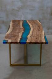 Custom Dining Table Made Of Walnut Wood & Blue Resin, Unique Contemporary Uv Epoxy Table, Resin For A Modern Interior