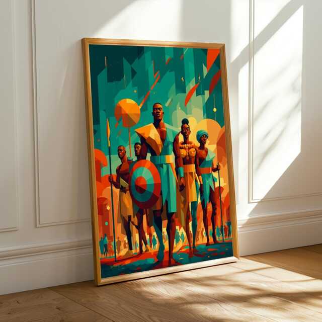 Geometric African Warrior Art Print Teal, Orange, Navy Abstract - Unframed - Poster Only - image 1