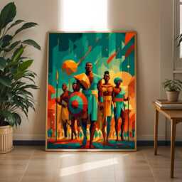 Geometric African Warrior Art Print Teal, Orange, Navy Abstract - Unframed - Poster Only - thumbnail 2