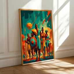 Geometric African Warrior Art Print Teal, Orange, Navy Abstract - Unframed - Poster Only - thumbnail 1