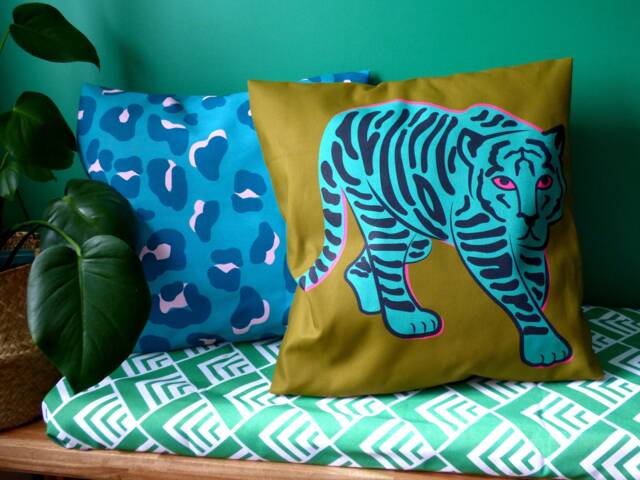 Blue Tiger Print Cushion Handmade Cotton Animal Pillow - image 1