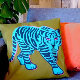 Blue Tiger Print Cushion Handmade Cotton Animal Pillow - thumbnail 2
