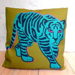Blue Tiger Print Cushion Handmade Cotton Animal Pillow - thumbnail 3