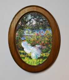 Light Oak Oval Wooden Framed Picture, Claude Monet, Alice Hosched?? Au Jardin, Art Print, Wall Hanging, Antique Vintage Style - thumbnail 1