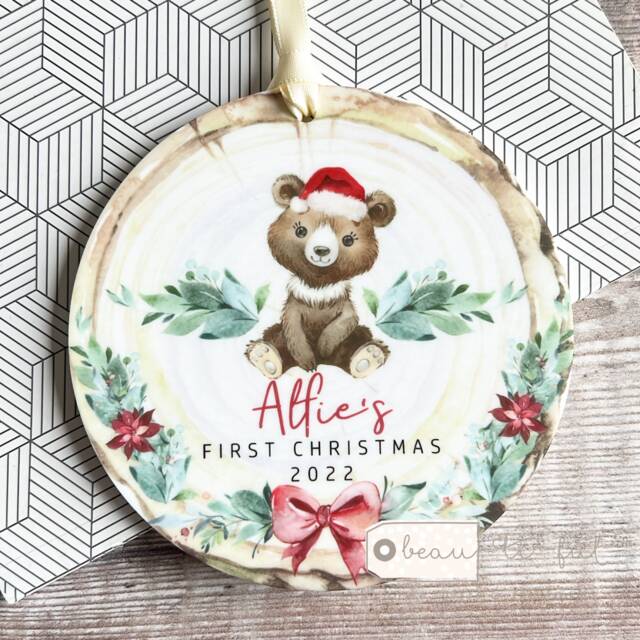 Personalised 1st Christmas Baby Babies Baby's First Bear Signpost Design Acrylic Round Ornament Keepsake Boy Child Gift