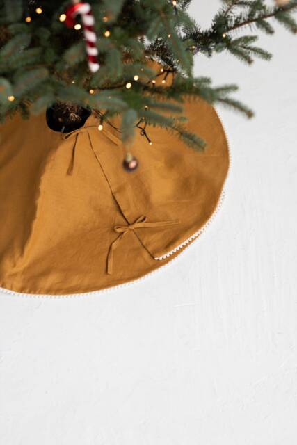 Linen Christmas Tree Skirt With Pompom Trim, Skirt, Burlap Reusable Cover - image 1