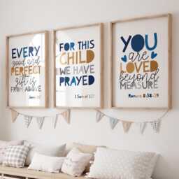 Set Of 3 Bible Verse Prints, Christian Wall Art, Boys Nursery Bedroom Decor, Sunday School, Faith, Jesus - thumbnail 1