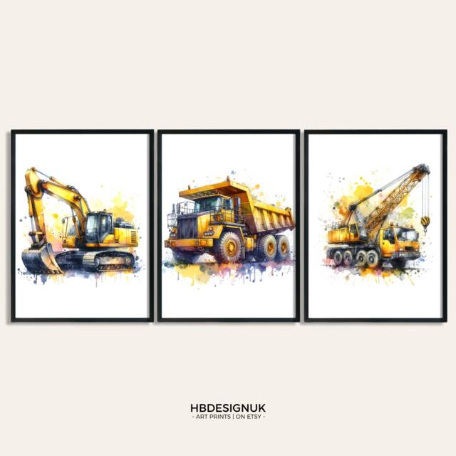 Construction Print Wall Art Set - 3 Watercolour Posters - Boys Bedroom Artwork Car Prints Vehicle Room Decor Picture - image 1