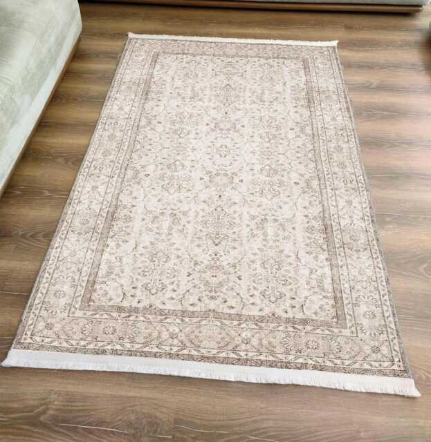 Beige Floral Chenille Rug Faded Vintage Style, Washable Carpet - image 1