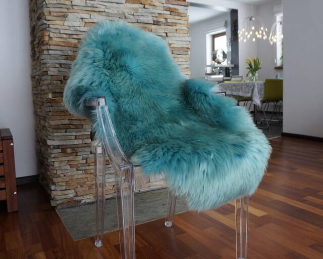 Sheepskin Light Blue Aqua Color Throw Genuine Leather Wool Carpet Dyed Decorative Rug Light Blue Comfy, Cozy, Hair Is Very Thick, Shiny - image 1