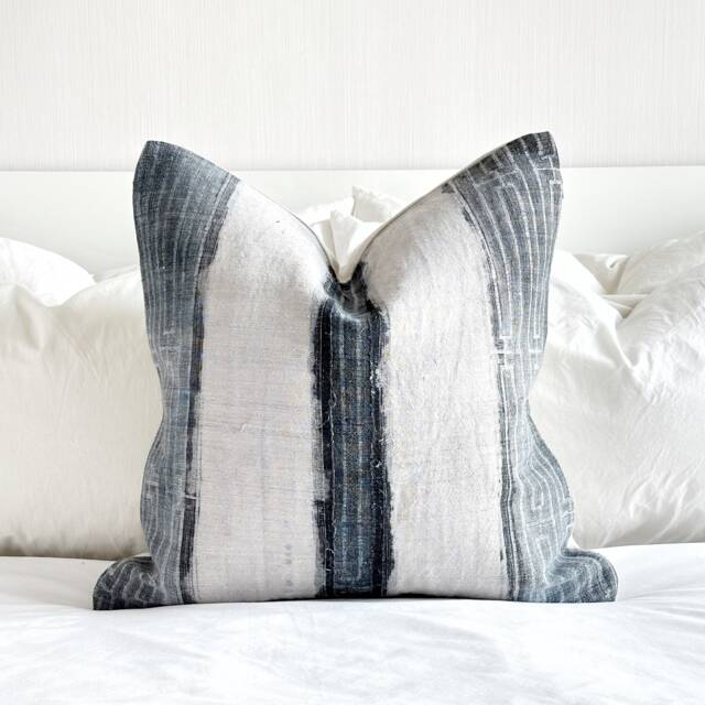 Handmade Indigo Hemp Pillow Cover Vintage Striped Cushion - 20x20 - image 1