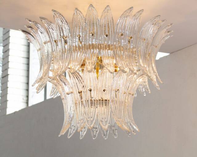 Ceiling Lamp With Handmade Leaves Made Of Murano Glass in Pure Crystal Color, Height 46 cm, Made Italy - image 1