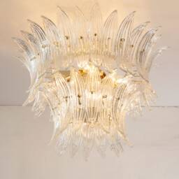 Ceiling Lamp With Handmade Leaves Made Of Murano Glass in Pure Crystal Color, Height 46 cm, Made Italy - thumbnail 2