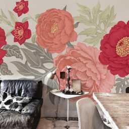 Retro Peonies - Removable Wall Mural, Floral Covering, Repositionable, Retro Paper, Nursery Mural #24 - thumbnail 2