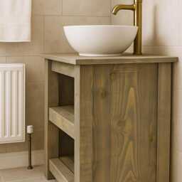 Rustic Solid Wood Bathroom Vanity Unit - Handmade Washstand With Slatted Shelves Farmhouse Style Cabinet - thumbnail 2